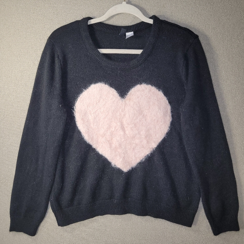 H&M Black Crewneck Sweater with Pink Fuzzy Heart